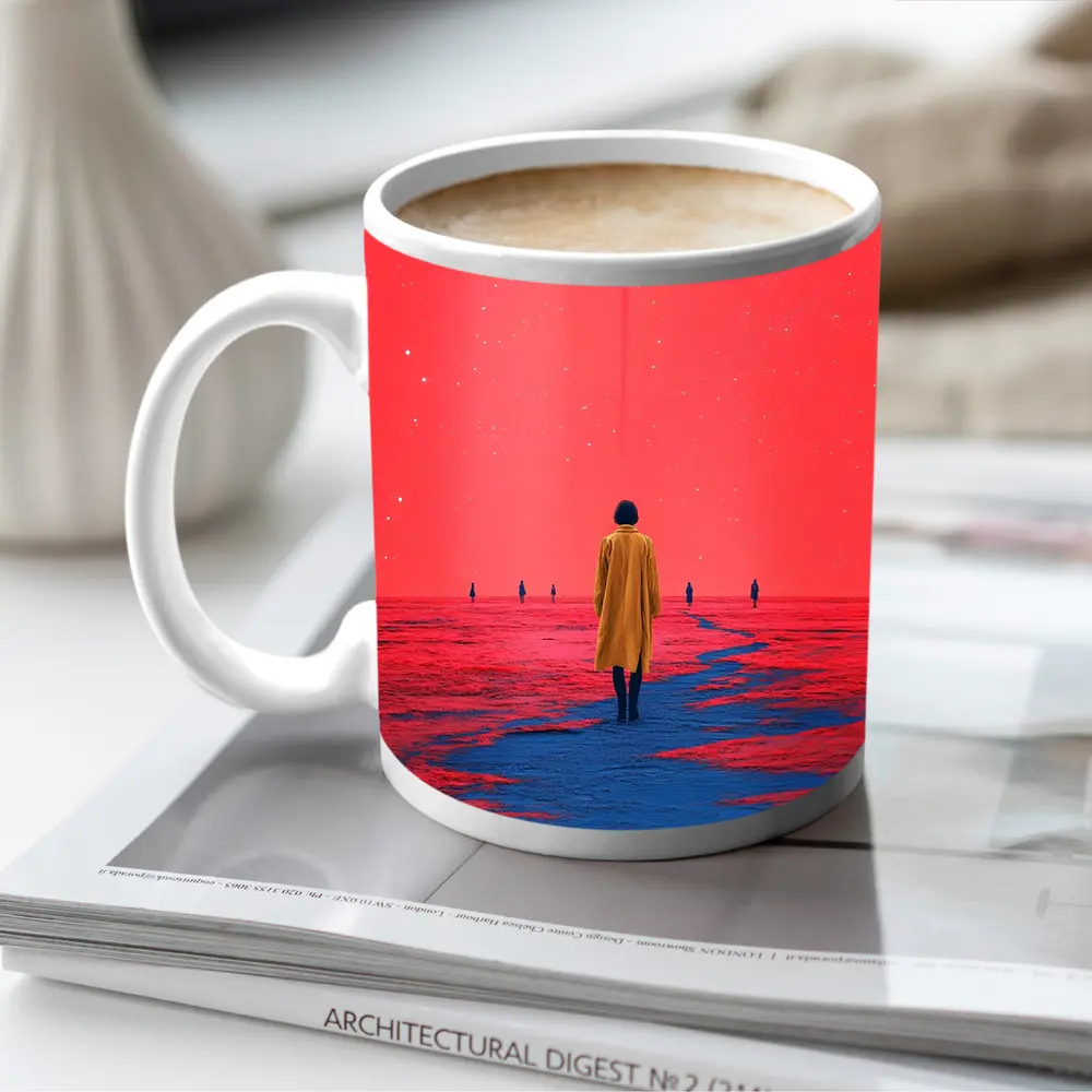 Lone Figure Red Sky Surreal Landscape Art – Mugs