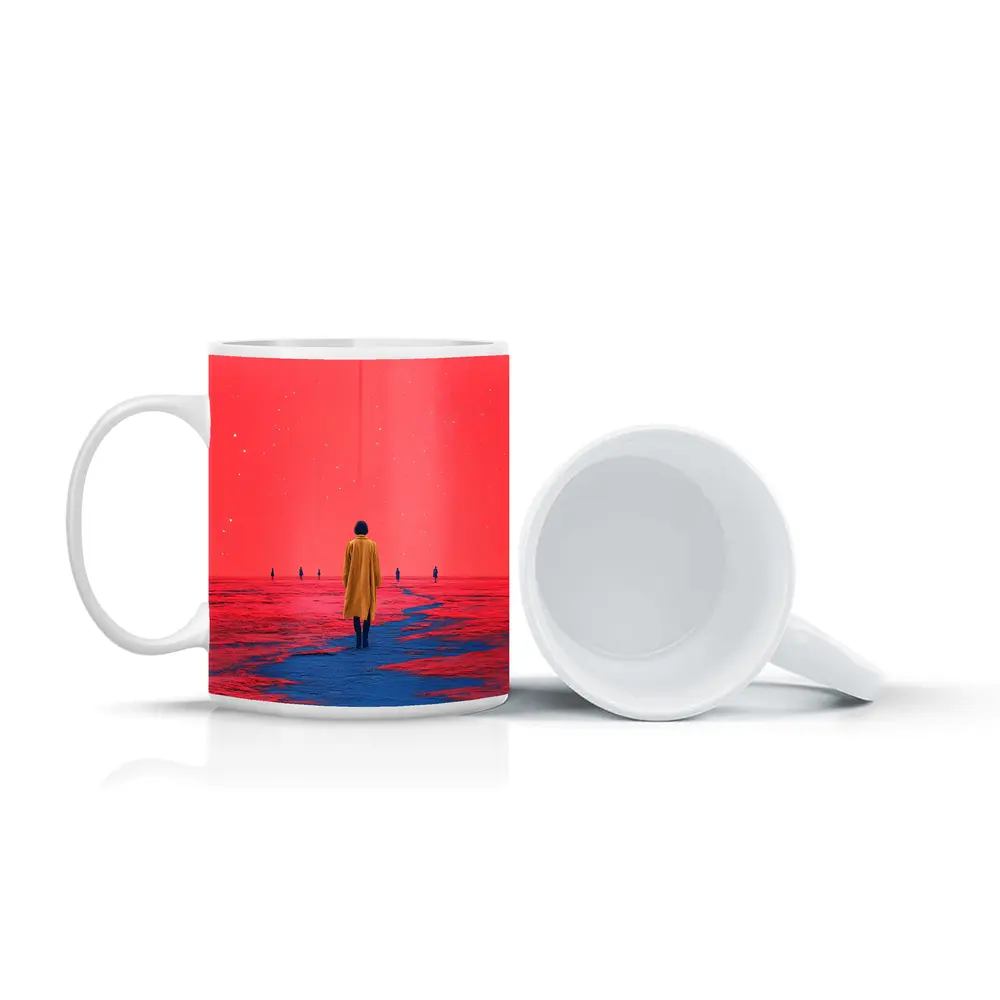 Lone Figure Red Sky Surreal Landscape Art – Mugs