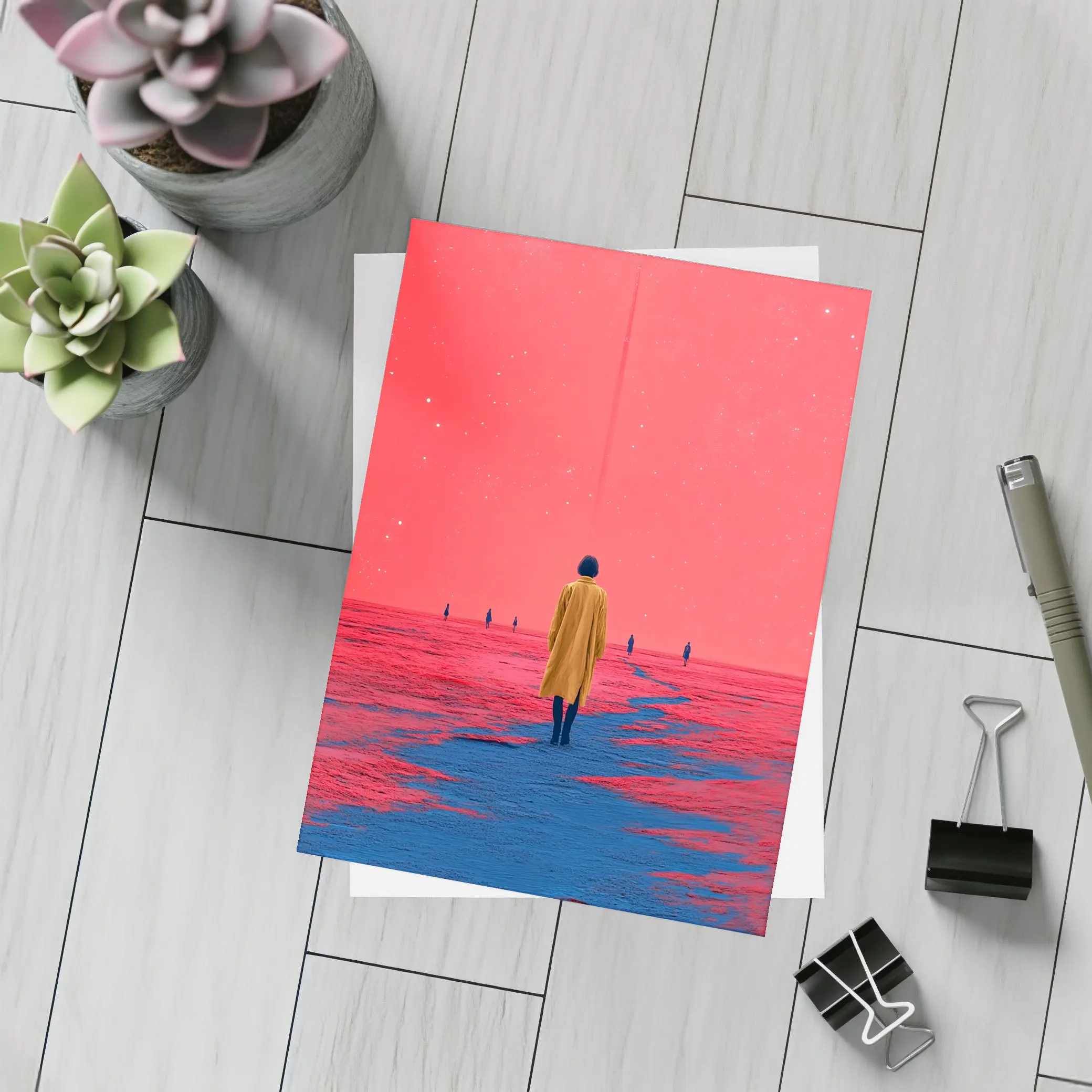 Lone Figure Red Sky Surreal Landscape Art – Postcards