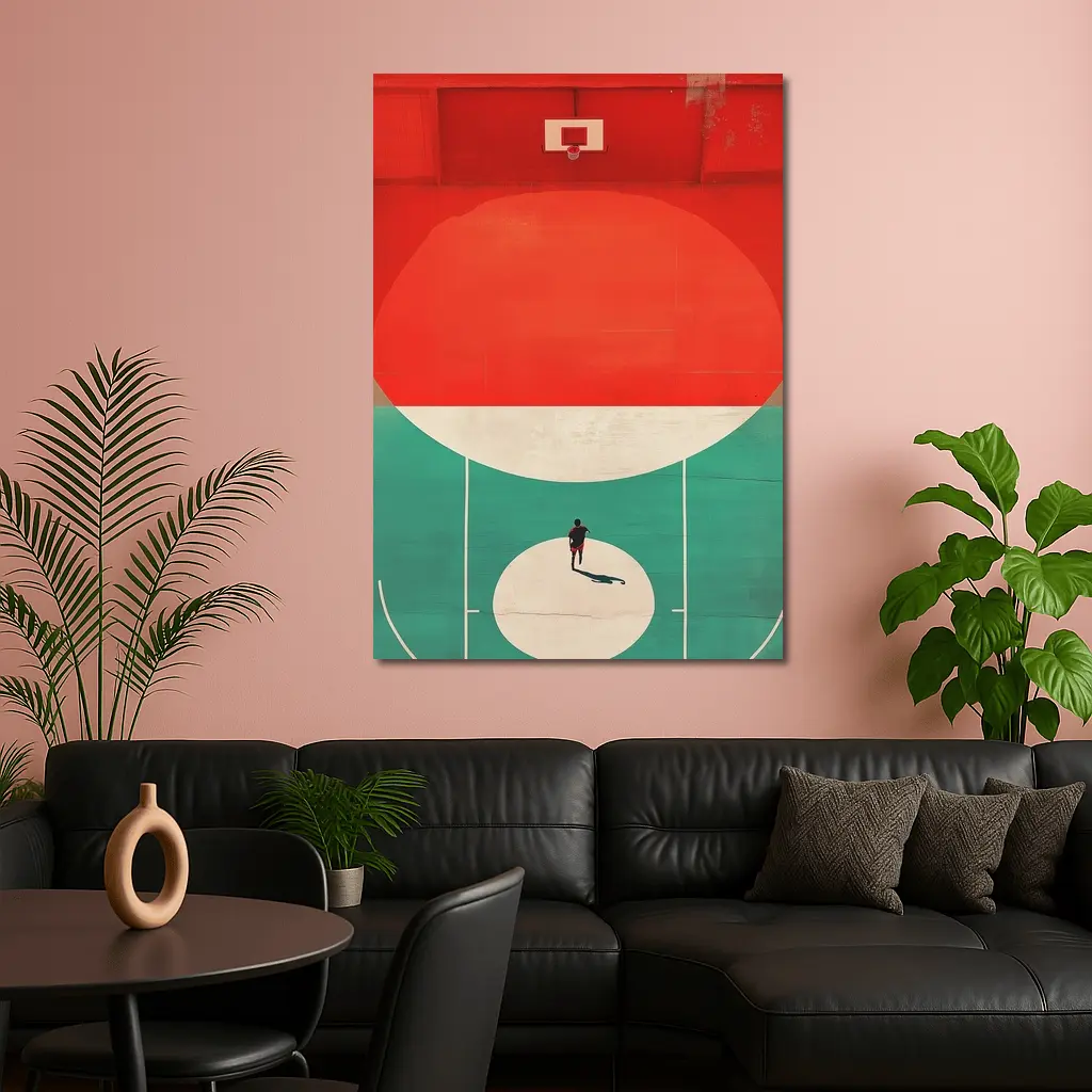 Lone Player on Retro Basketball Court – Wall Art