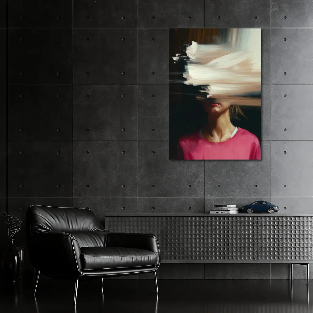 Abstract Glitch Portrait Woman Pink Shirt – Wall Art