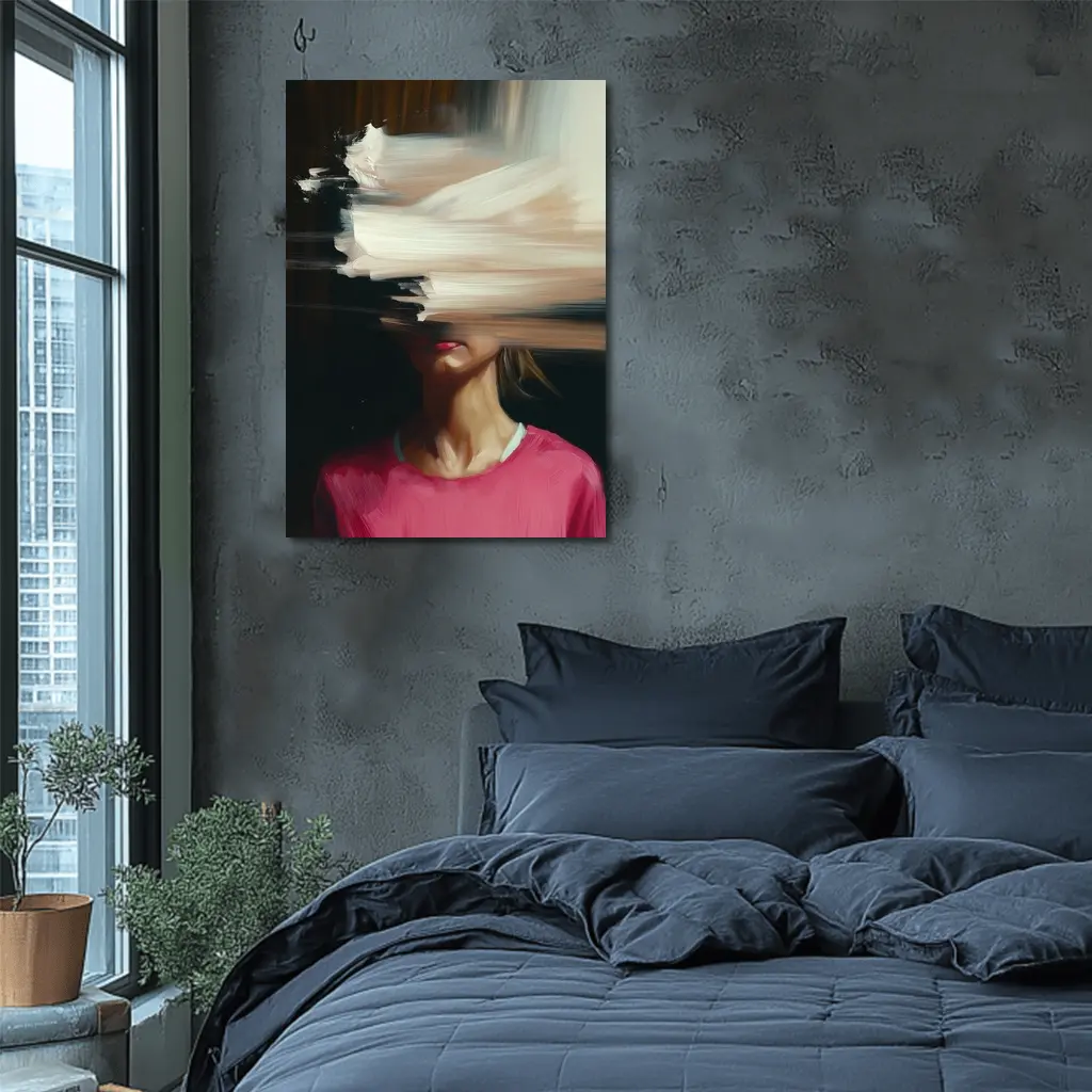 Abstract Glitch Portrait Woman Pink Shirt – Wall Art