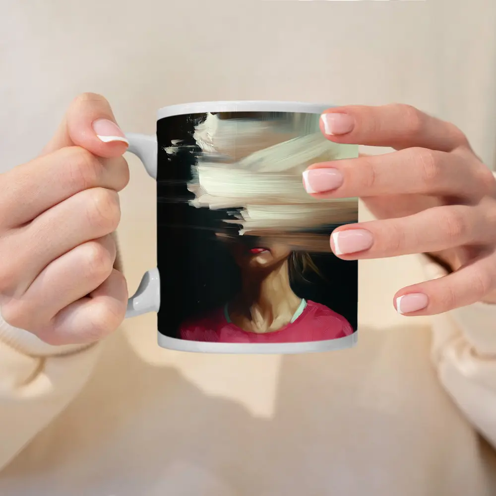 Abstract Glitch Portrait Woman Pink Shirt – Mugs