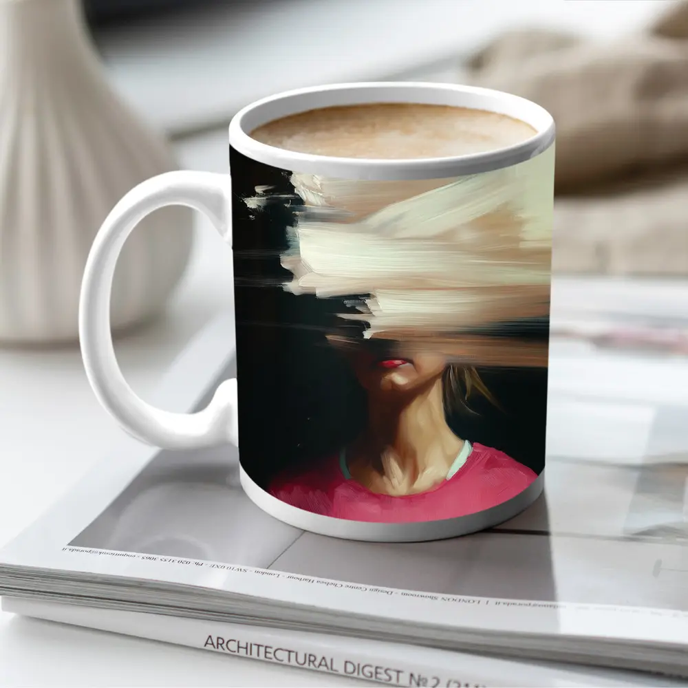 Abstract Glitch Portrait Woman Pink Shirt – Mugs