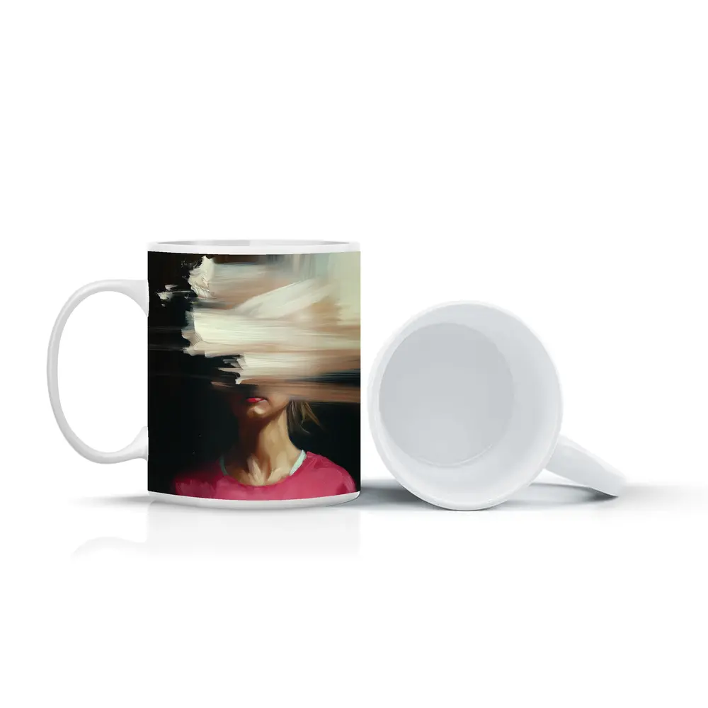 Abstract Glitch Portrait Woman Pink Shirt – Mugs