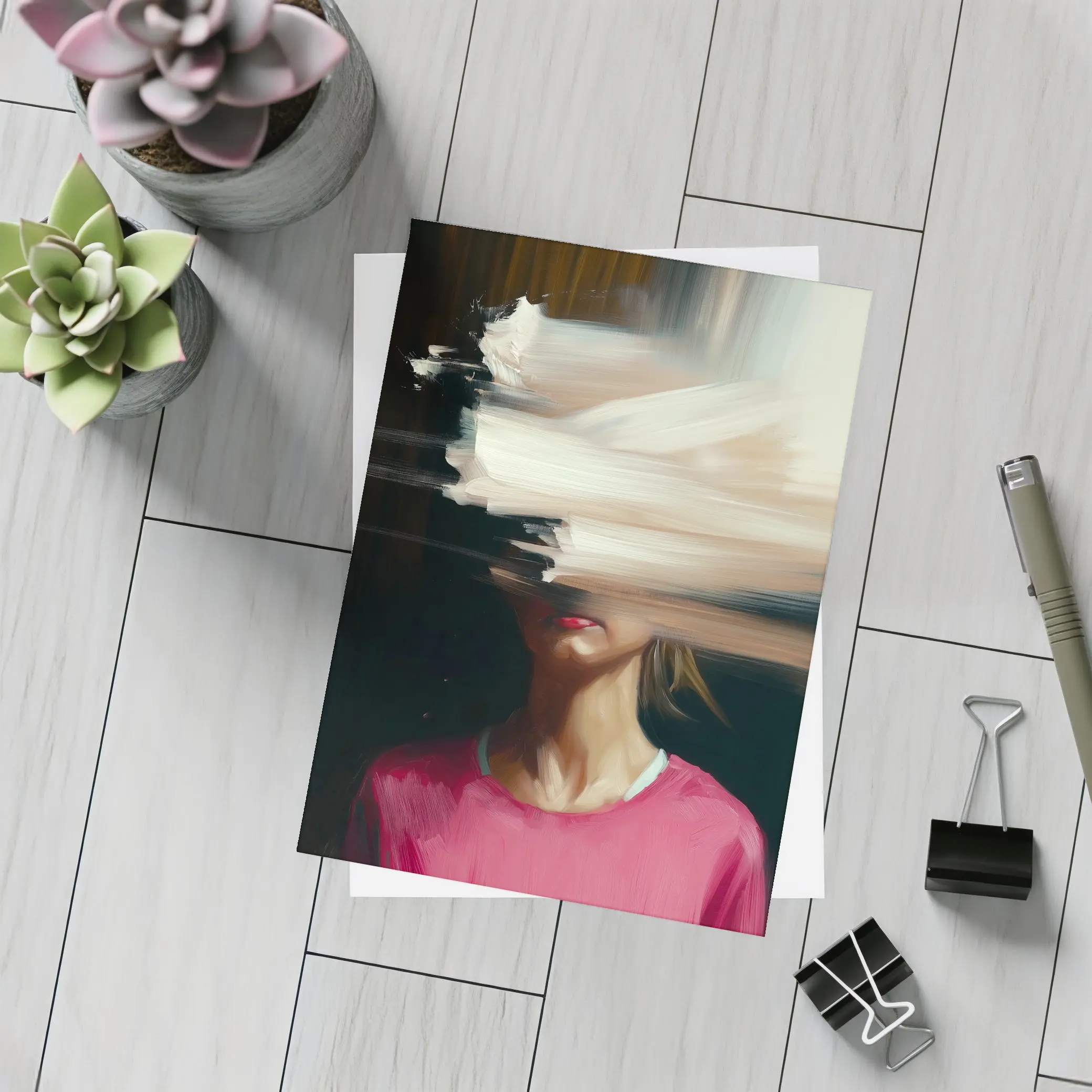 Abstract Glitch Portrait Woman Pink Shirt – Postcards