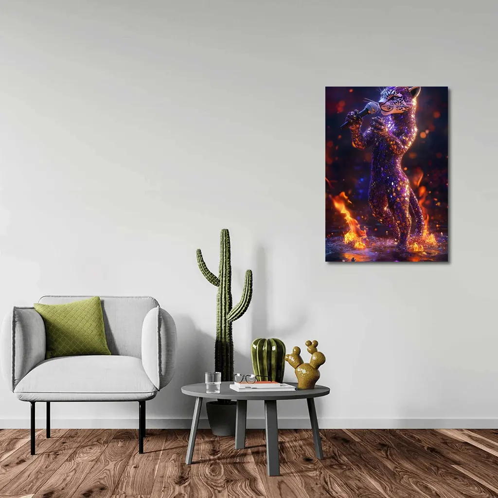 Glittery Leopard Singing On Fire Stage – Wall Art