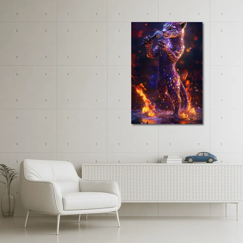 Glittery Leopard Singing On Fire Stage – Wall Art