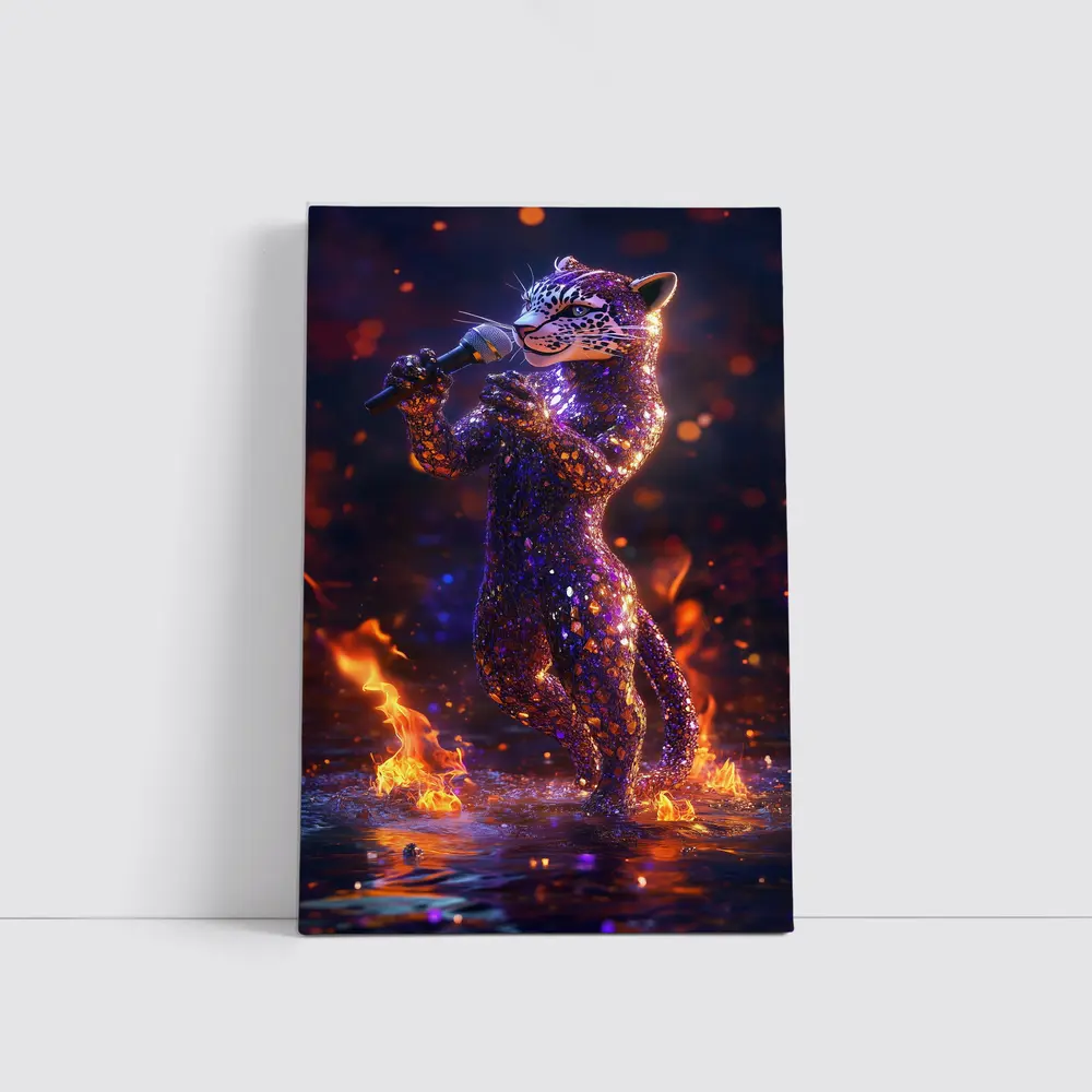 Glittery Leopard Singing On Fire Stage – Wall Art