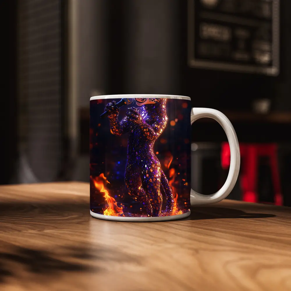 Glittery Leopard Singing On Fire Stage – Mugs