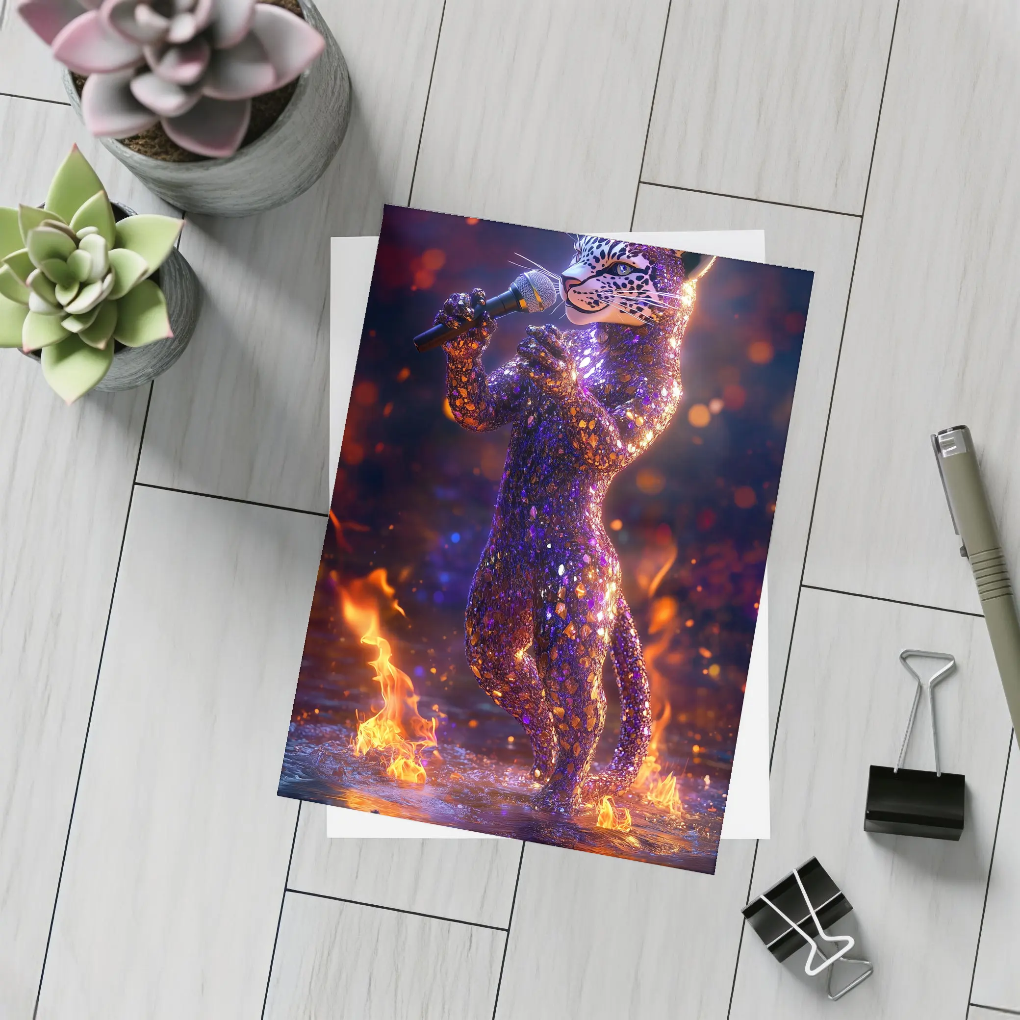 Glittery Leopard Singing On Fire Stage – Postcards