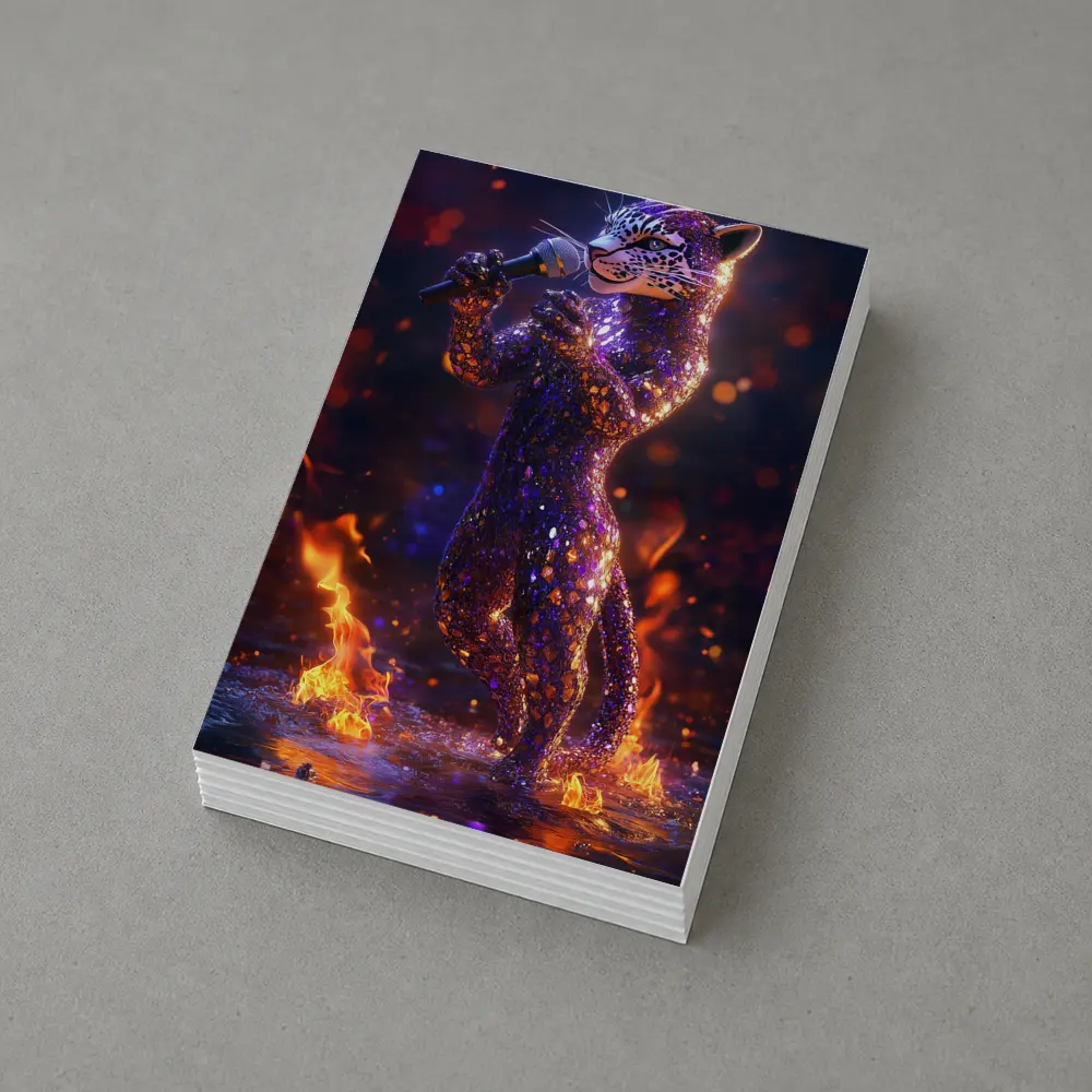 Glittery Leopard Singing On Fire Stage – Postcards
