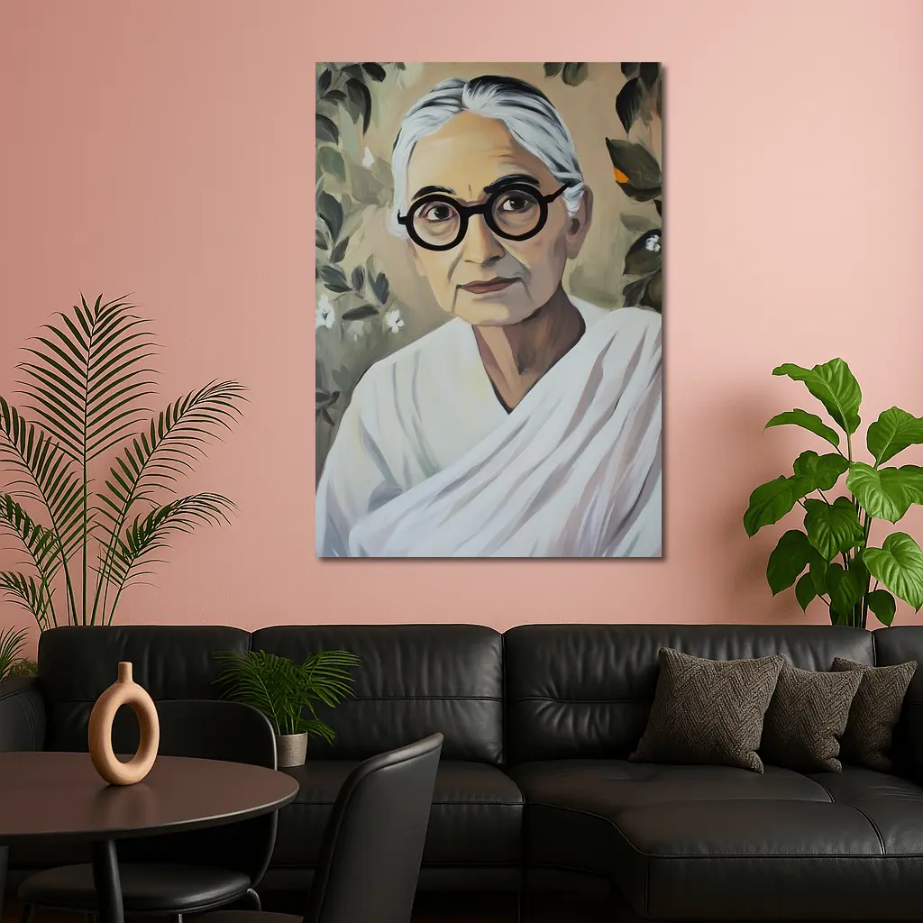Elderly Indian Woman Portrait Floral Background Painting – Wall Art