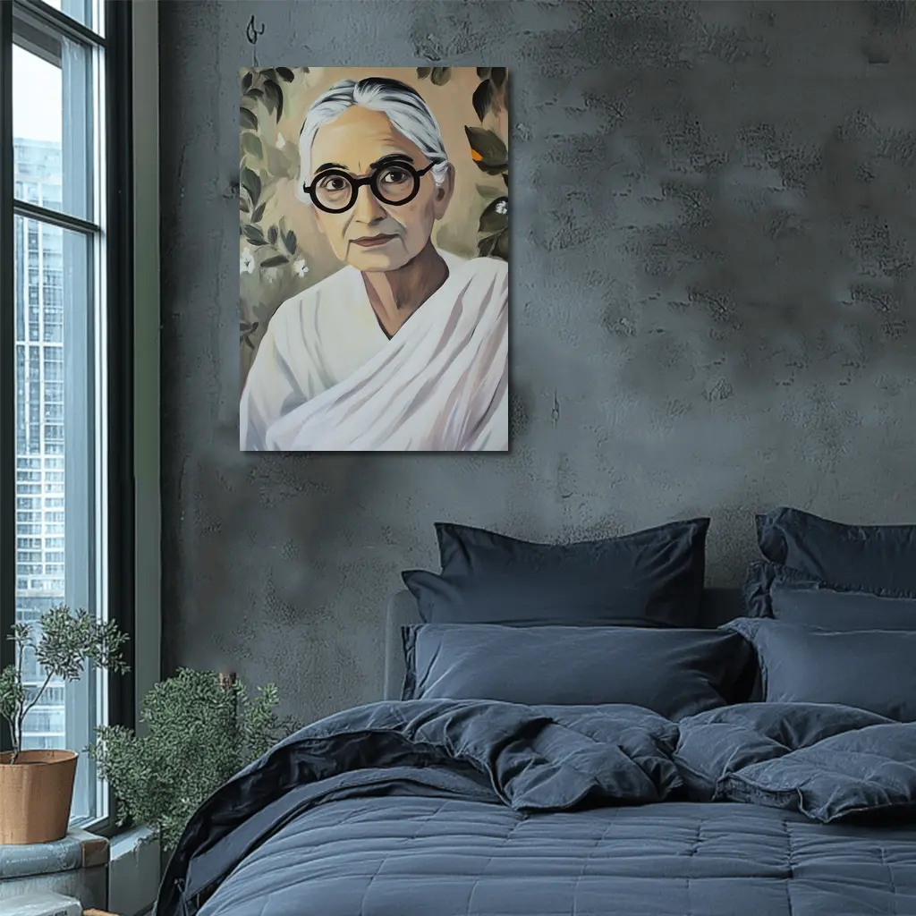 Elderly Indian Woman Portrait Floral Background Painting – Wall Art