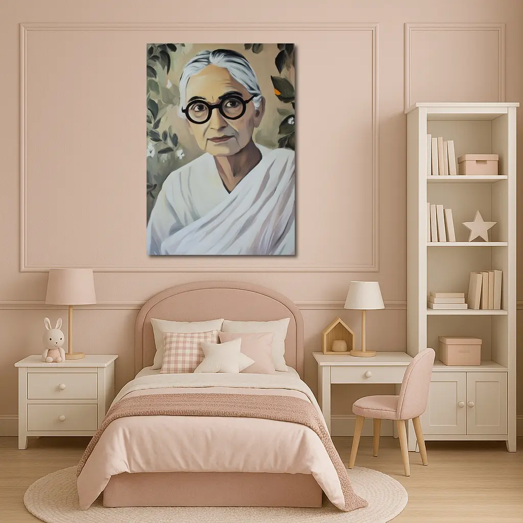 Elderly Indian Woman Portrait Floral Background Painting – Wall Art