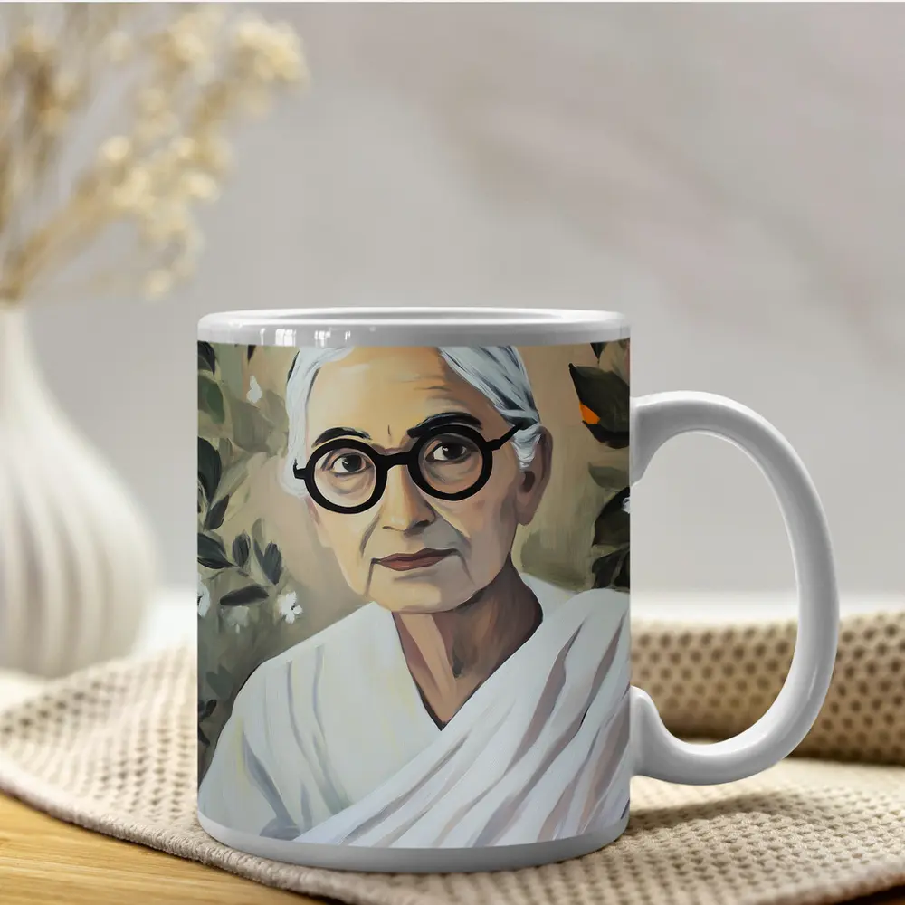 Elderly Indian Woman Portrait Floral Background Painting – Mugs
