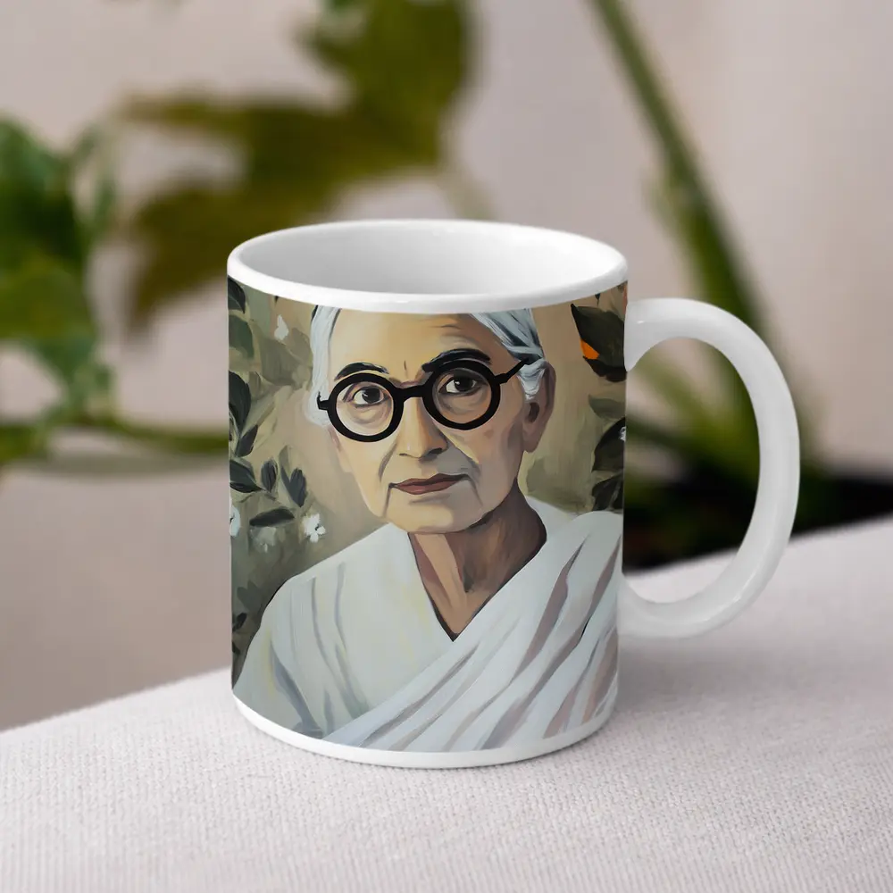 Elderly Indian Woman Portrait Floral Background Painting – Mugs