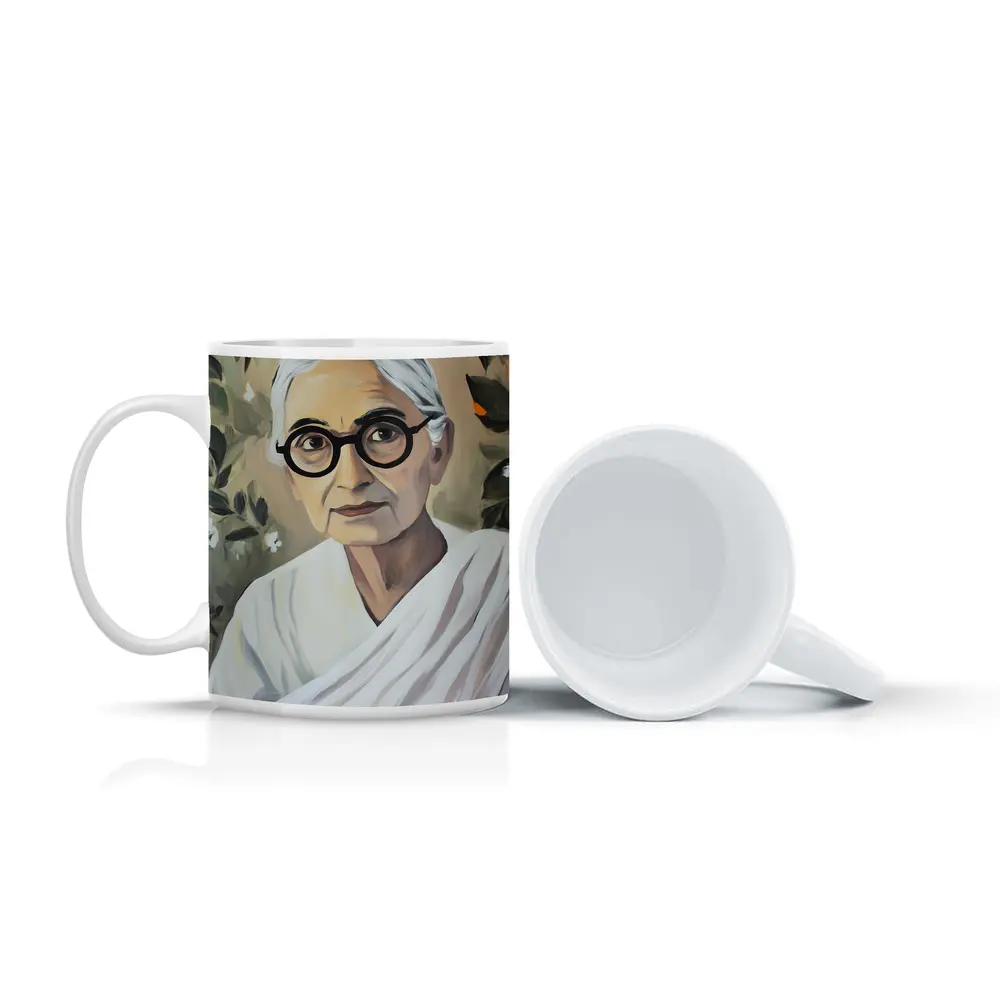 Elderly Indian Woman Portrait Floral Background Painting – Mugs