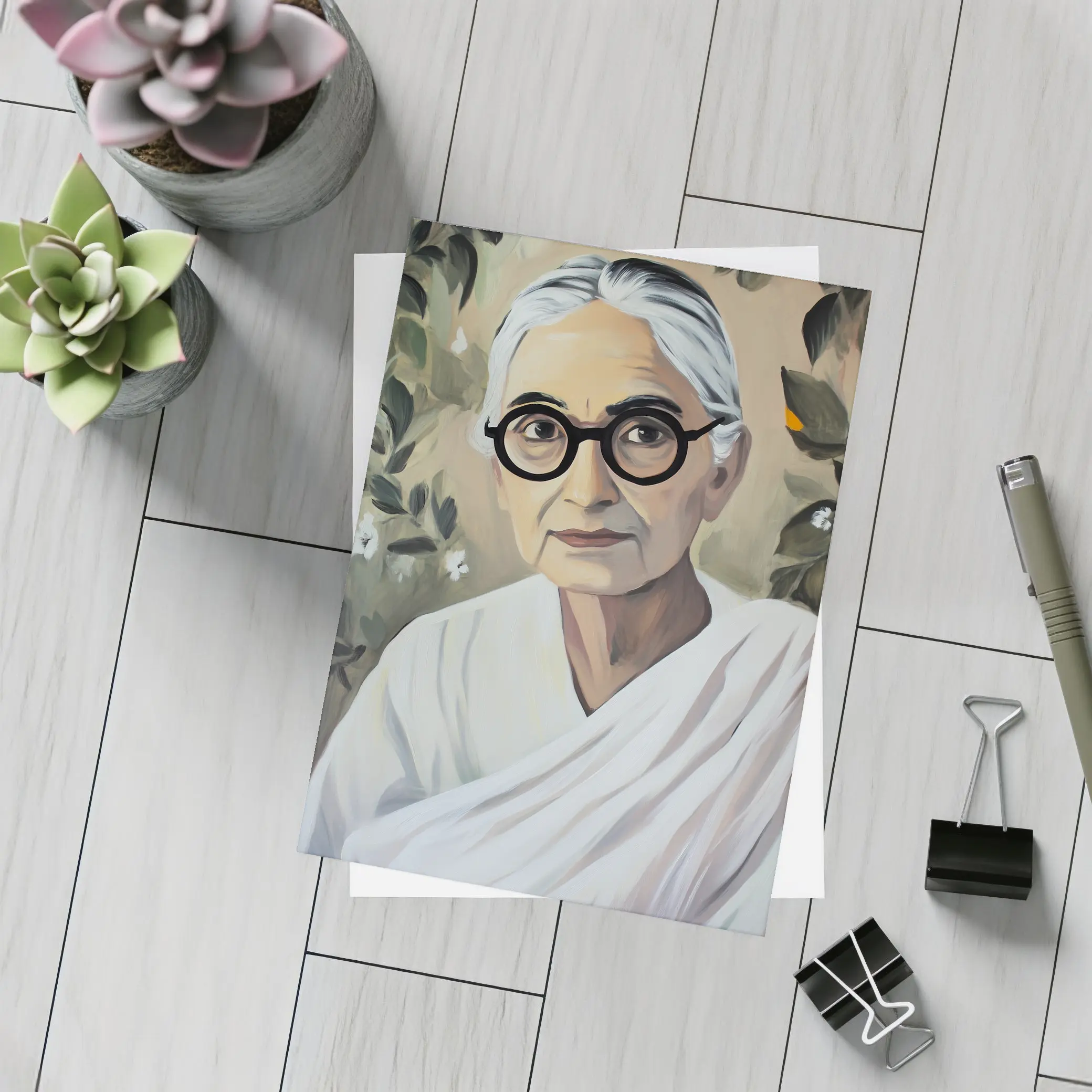 Elderly Indian Woman Portrait Floral Background Painting – Postcards