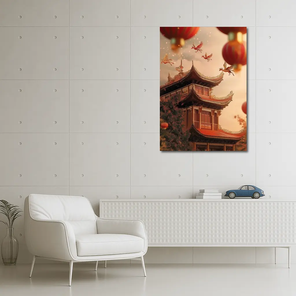Chinese Temple Red Lanterns Phoenix Birds Sky – Wall Art