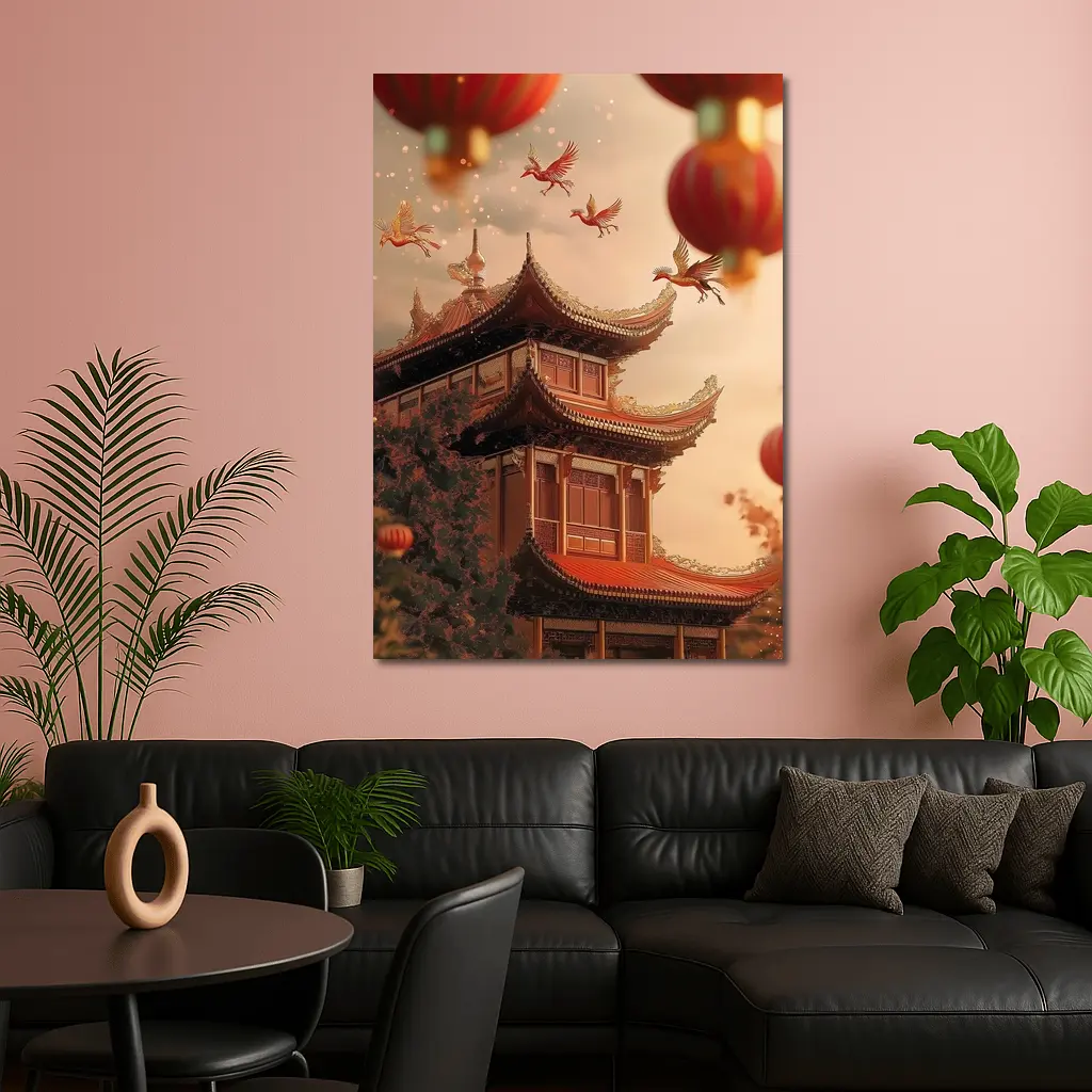 Chinese Temple Red Lanterns Phoenix Birds Sky – Wall Art