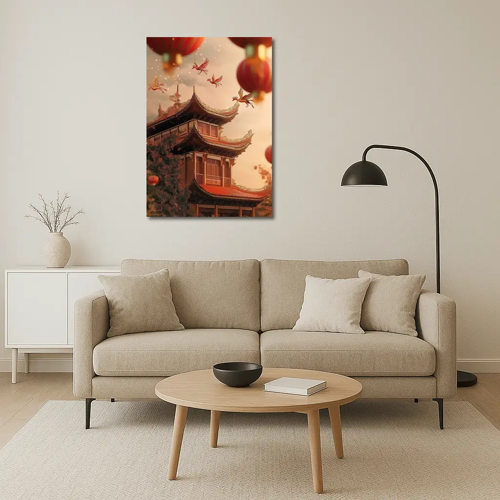Chinese Temple Red Lanterns Phoenix Birds Sky – Wall Art