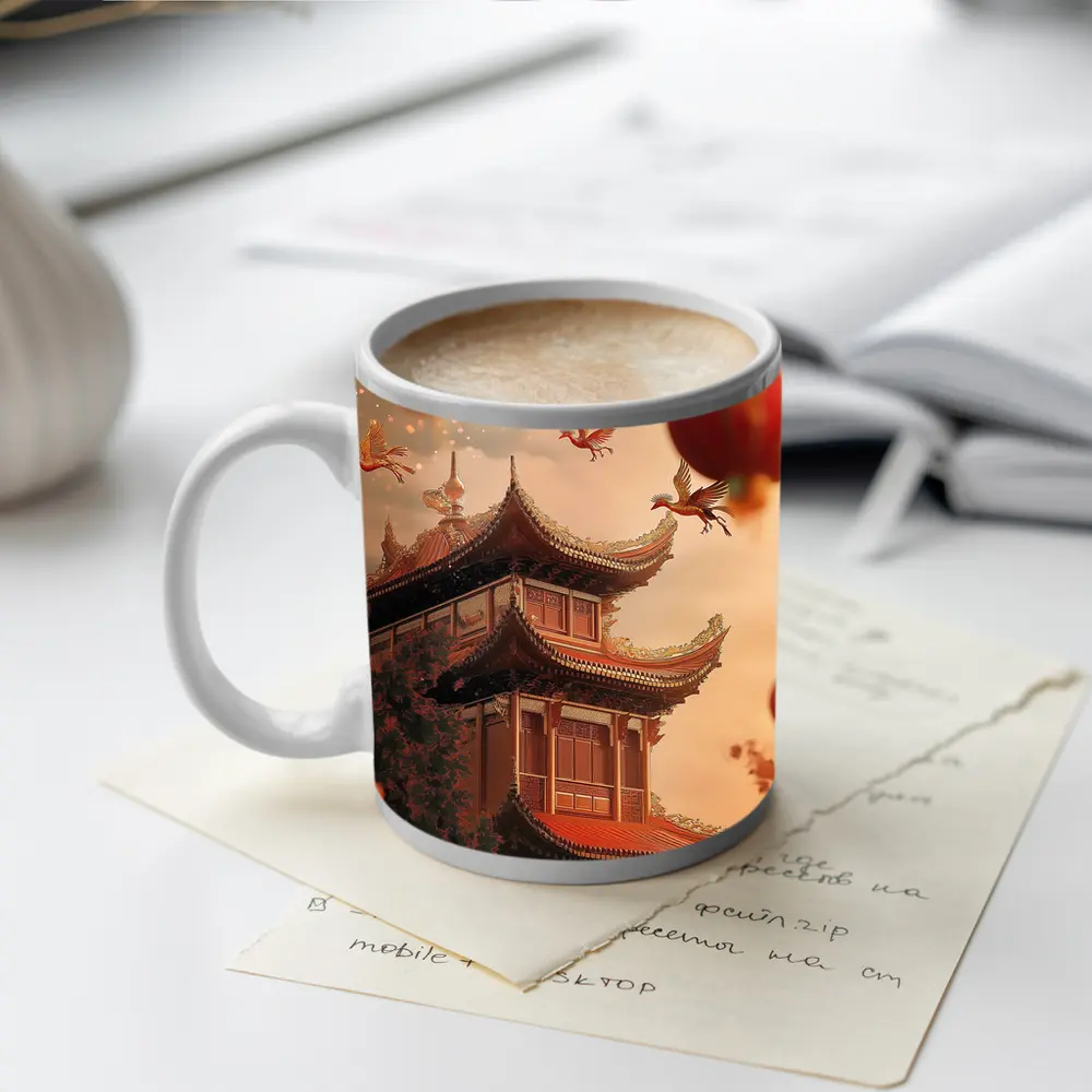 Chinese Temple Red Lanterns Phoenix Birds Sky – Mugs