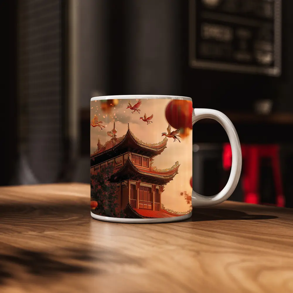 Chinese Temple Red Lanterns Phoenix Birds Sky – Mugs
