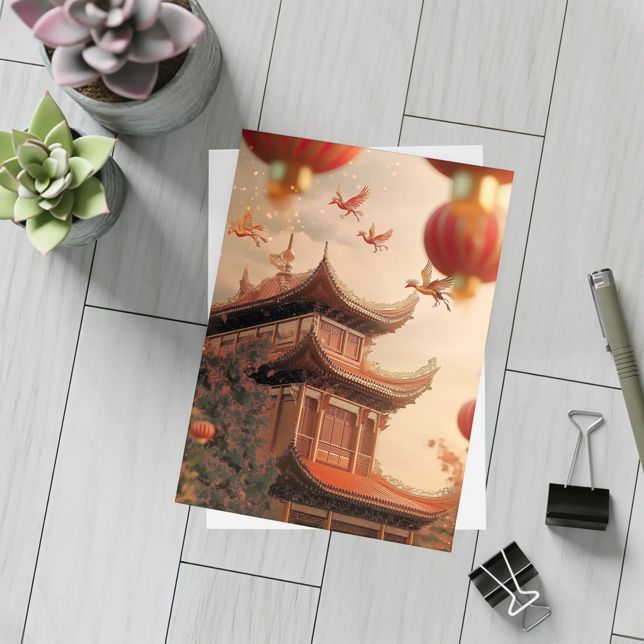 Chinese Temple Red Lanterns Phoenix Birds Sky – Postcards