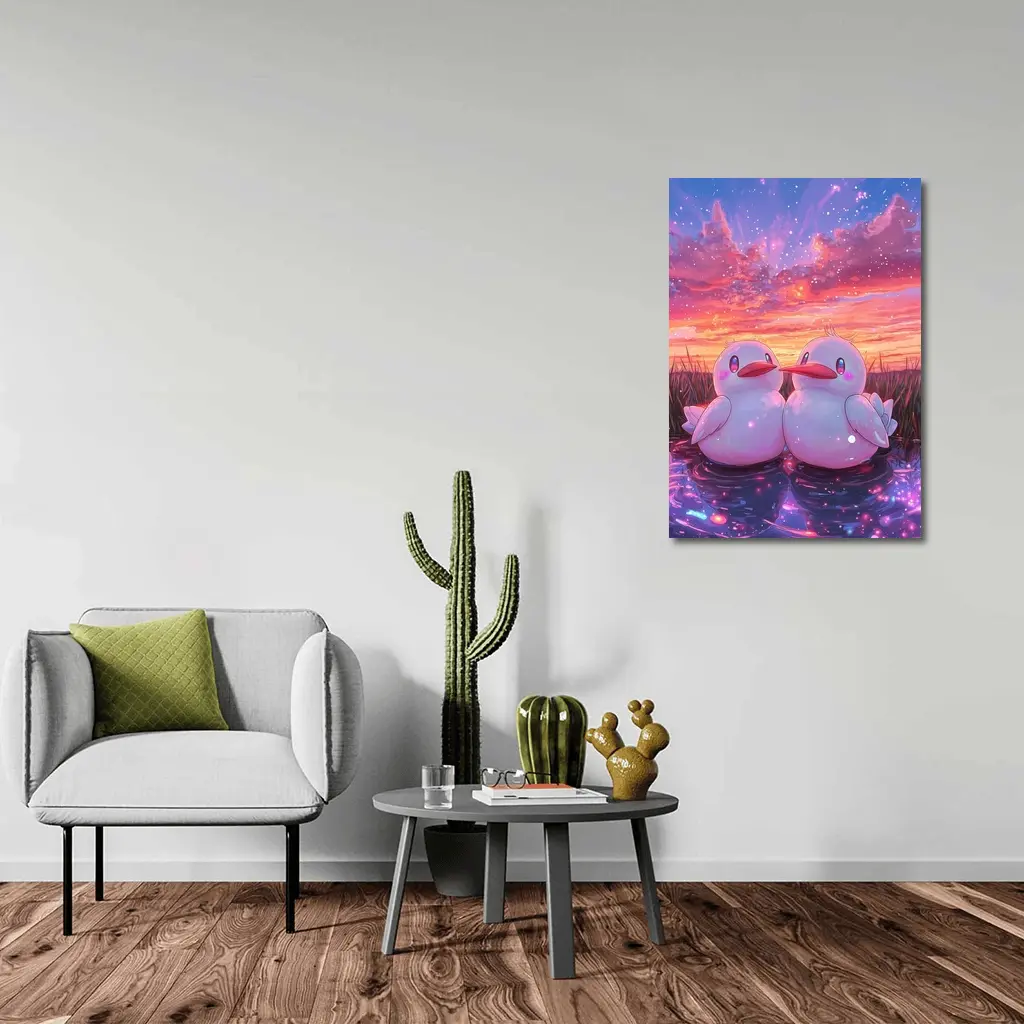 Cute Anime Ducks Sunset Sky Art – Wall Art