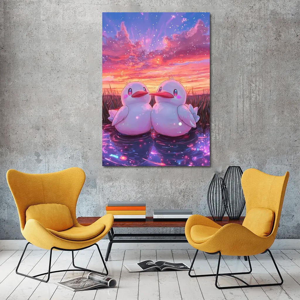 Cute Anime Ducks Sunset Sky Art – Wall Art