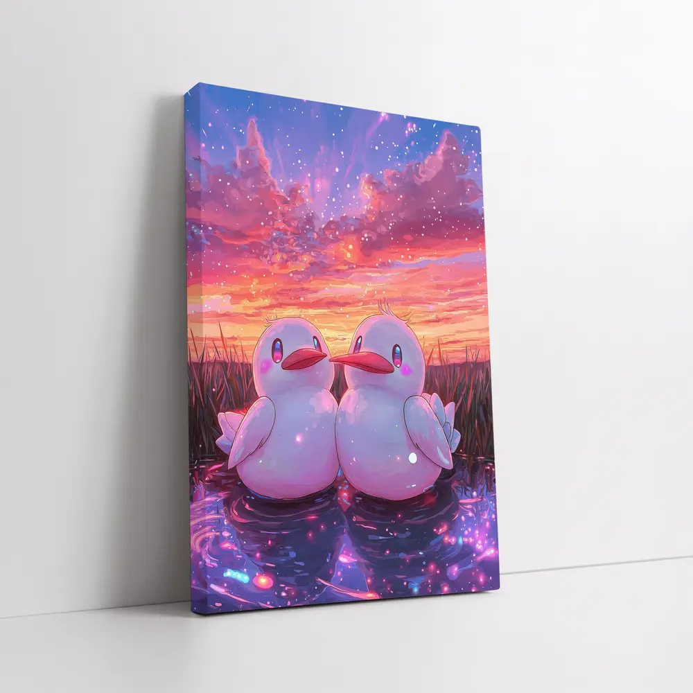Cute Anime Ducks Sunset Sky Art
