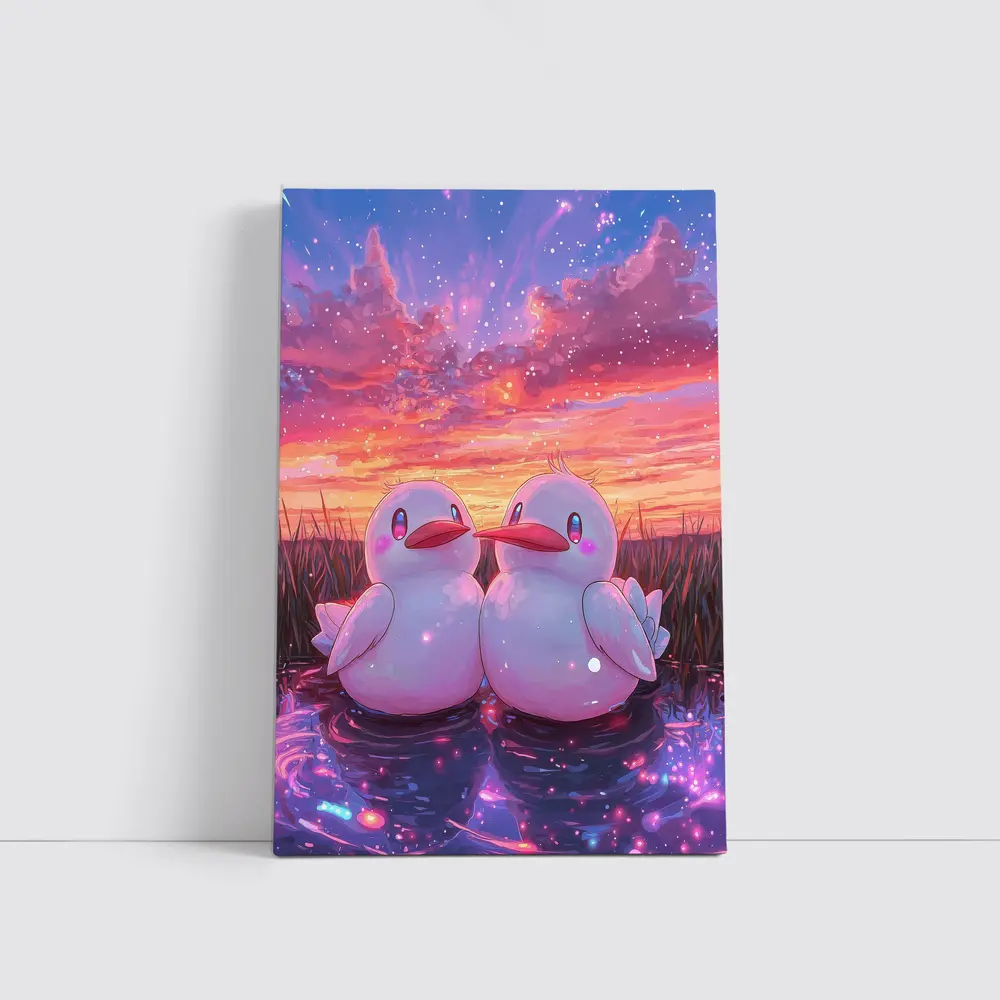Cute Anime Ducks Sunset Sky Art – Wall Art