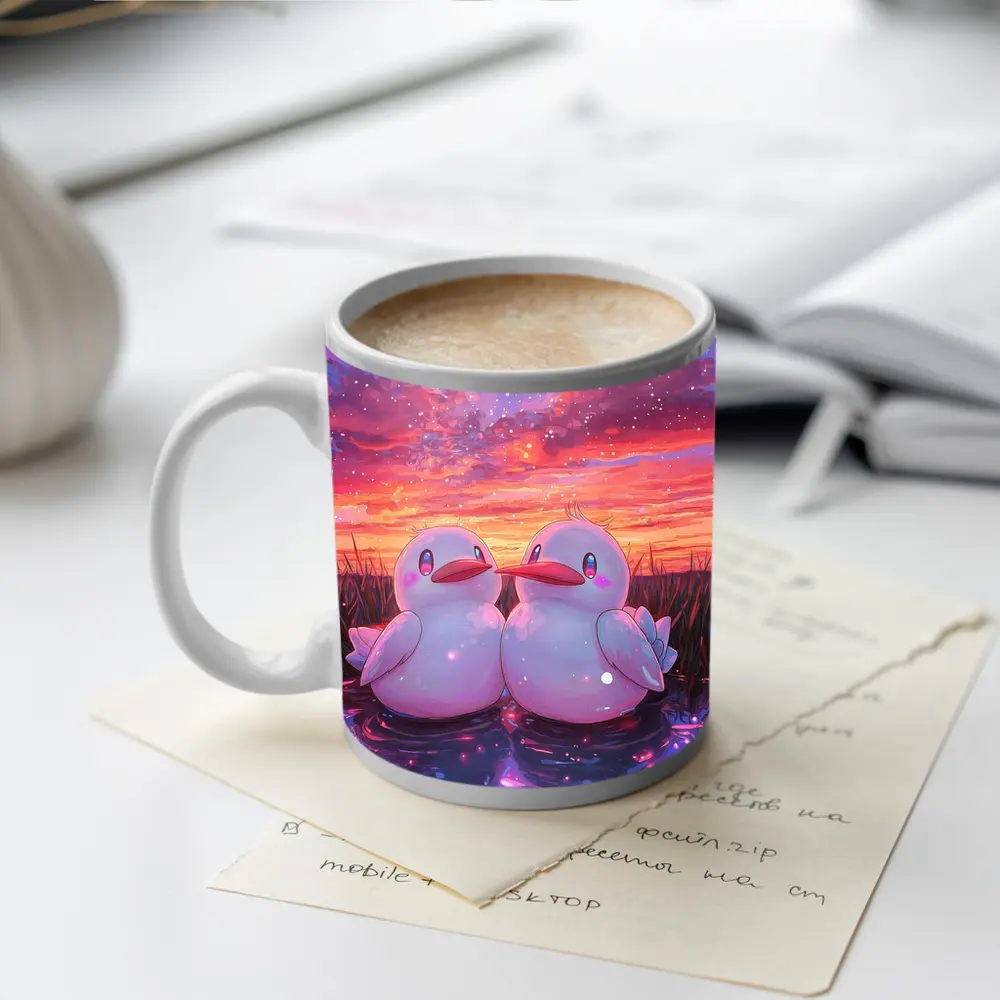 Cute Anime Ducks Sunset Sky Art – Mugs