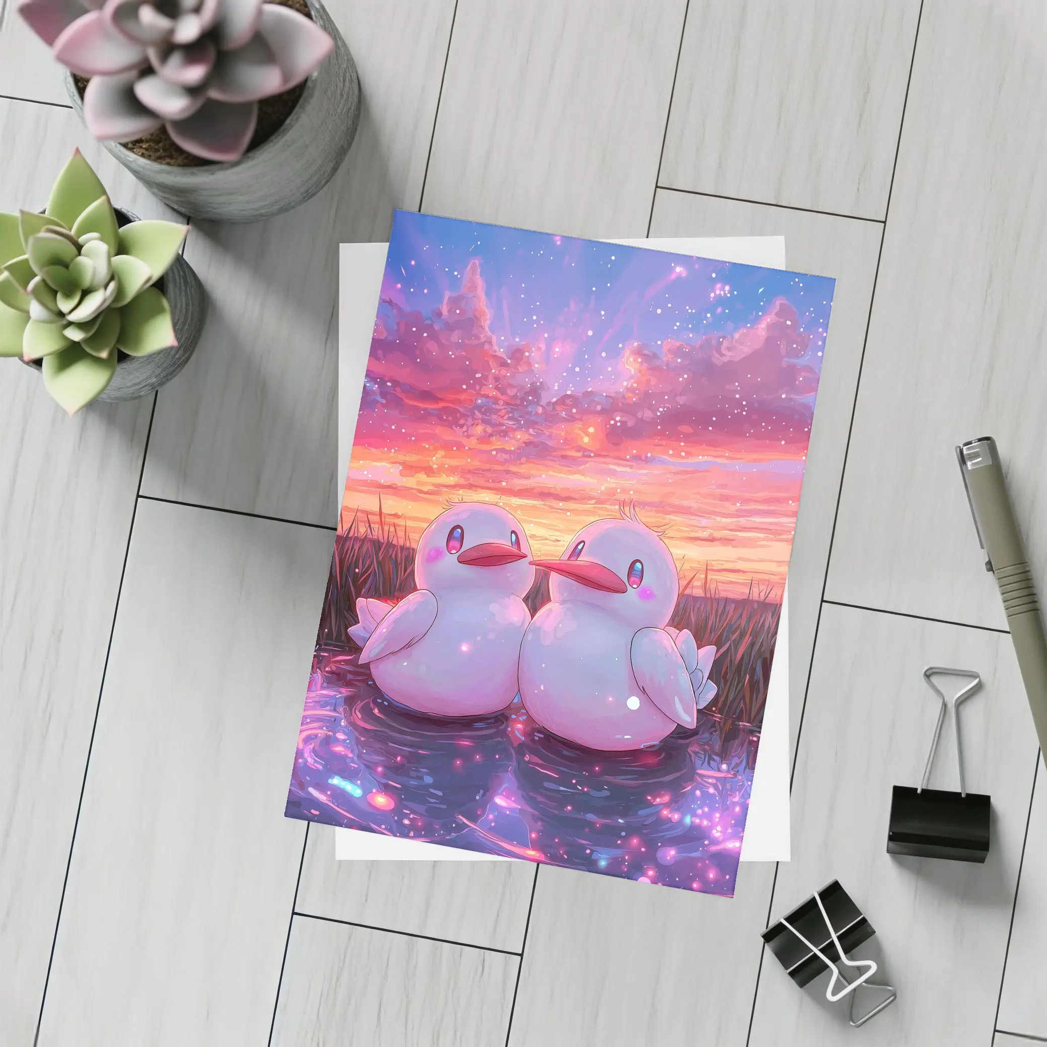 Cute Anime Ducks Sunset Sky Art – Postcards