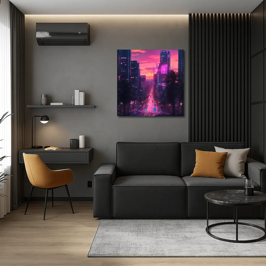 Neon City Street Pink Sunset Skyline – Wall Art