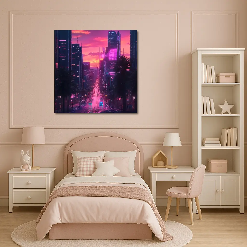 Neon City Street Pink Sunset Skyline – Wall Art
