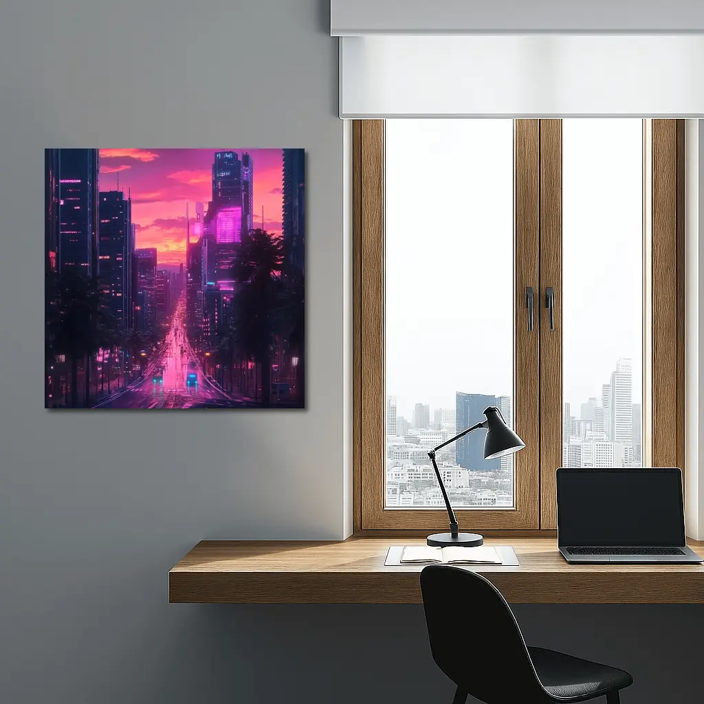 Neon City Street Pink Sunset Skyline – Wall Art