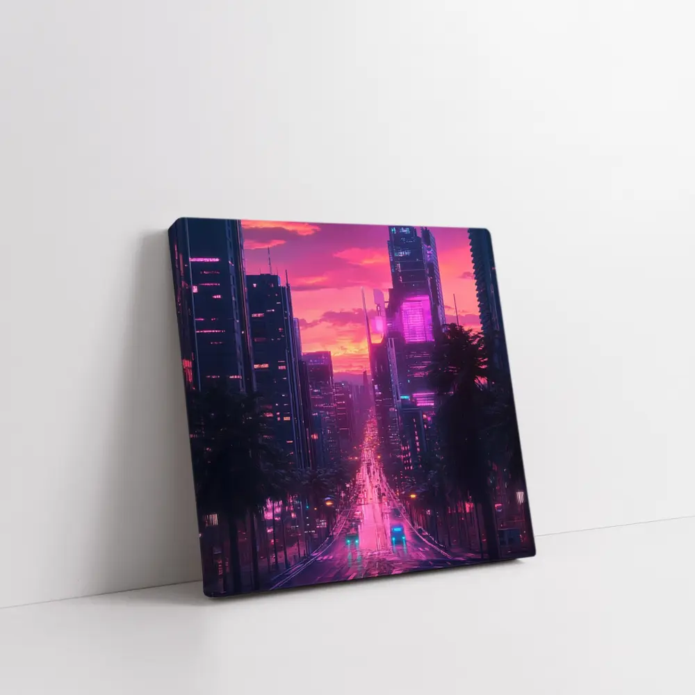 Neon City Street Pink Sunset Skyline – Wall Art