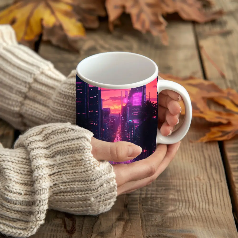 Neon City Street Pink Sunset Skyline – Mugs