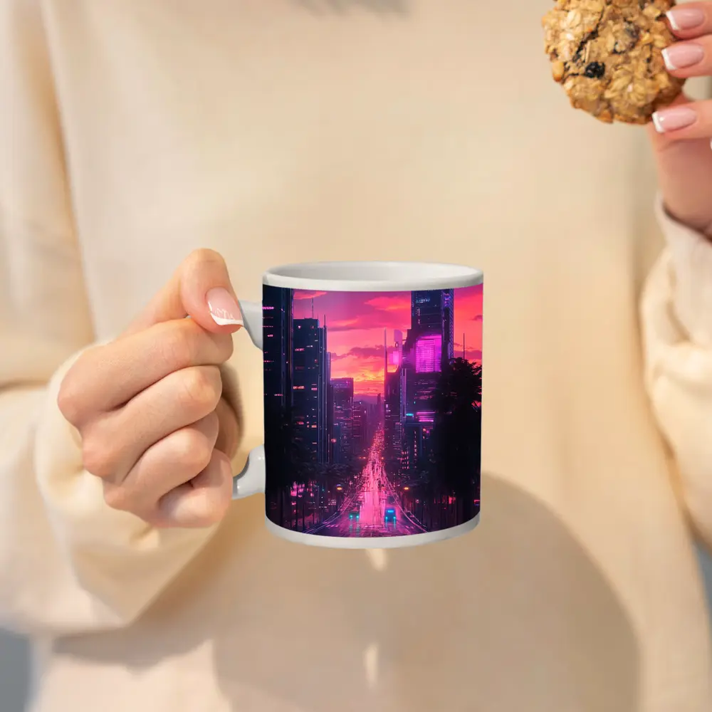 Neon City Street Pink Sunset Skyline – Mugs