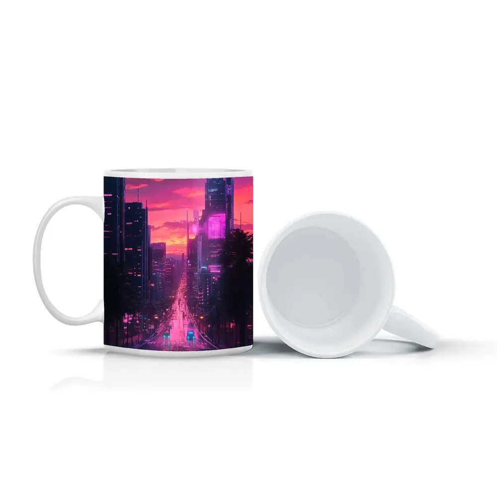 Neon City Street Pink Sunset Skyline – Mugs