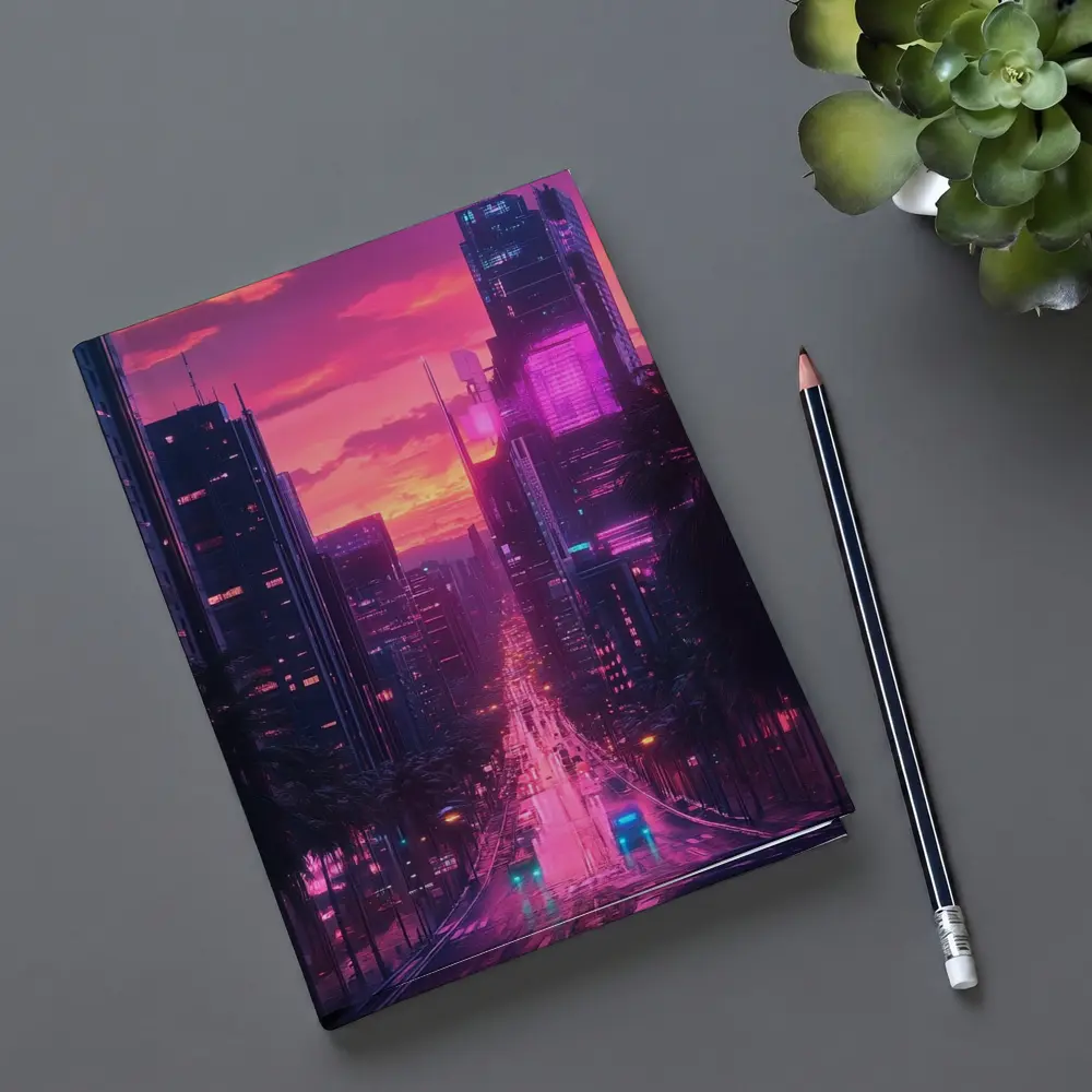 Neon City Street Pink Sunset Skyline – Notebooks