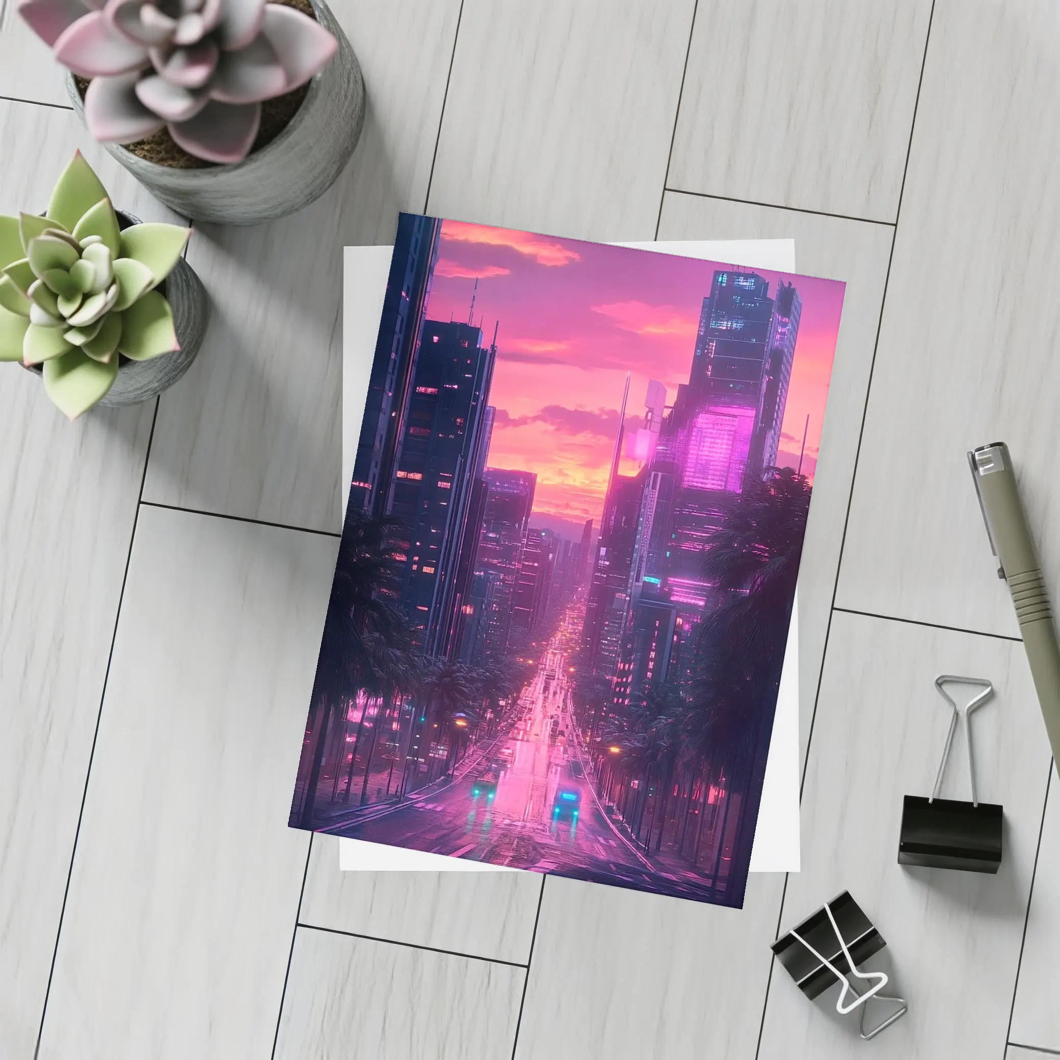 Neon City Street Pink Sunset Skyline – Postcards