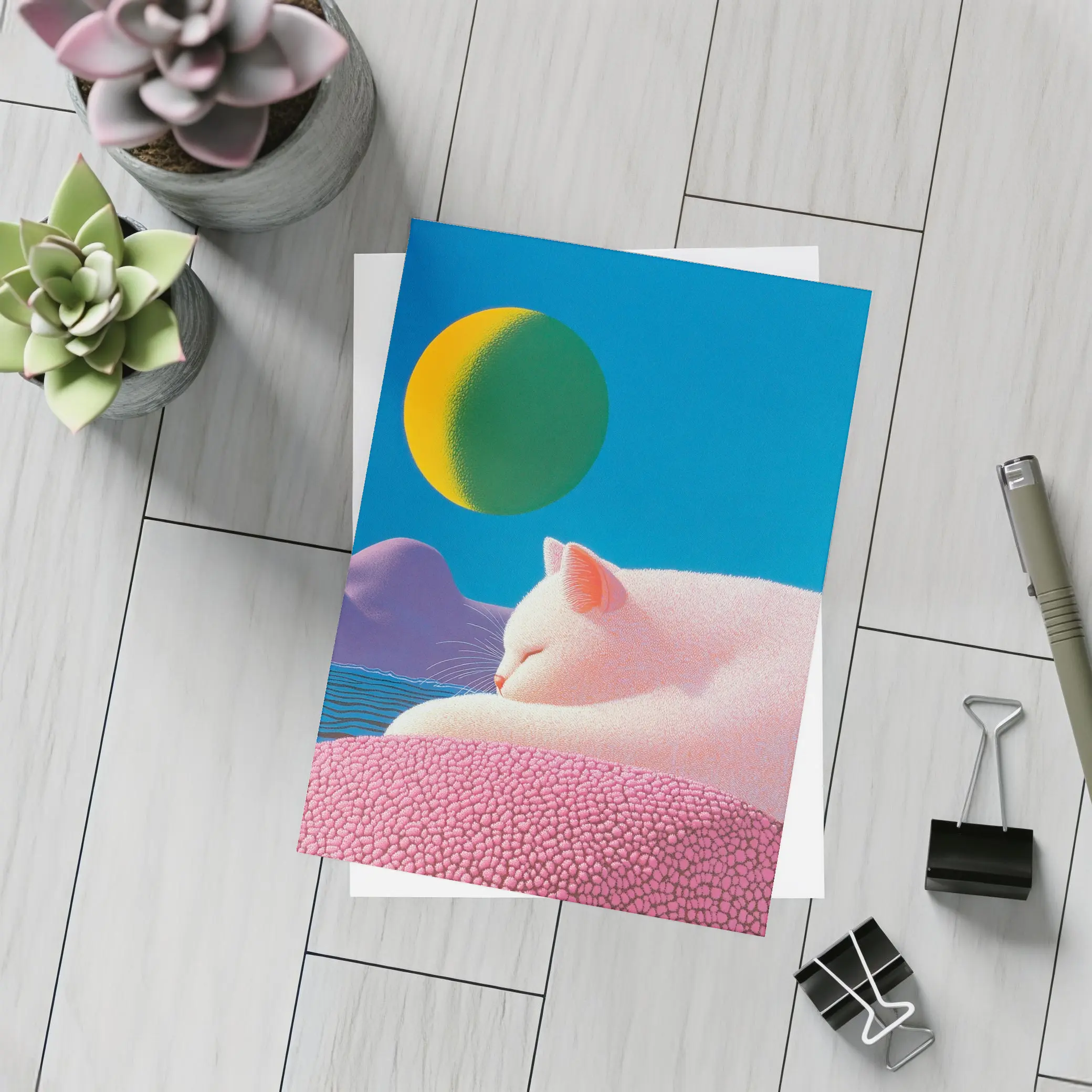 White Cat Sleeping Blue Sky Bold Art – Postcards