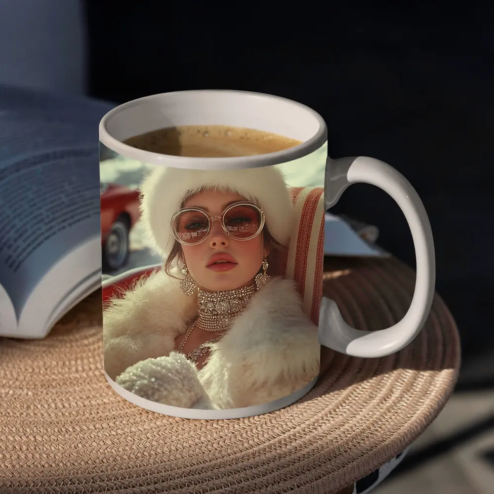 Glamorous Woman Fur Coat Winter Snow Setting – Mugs