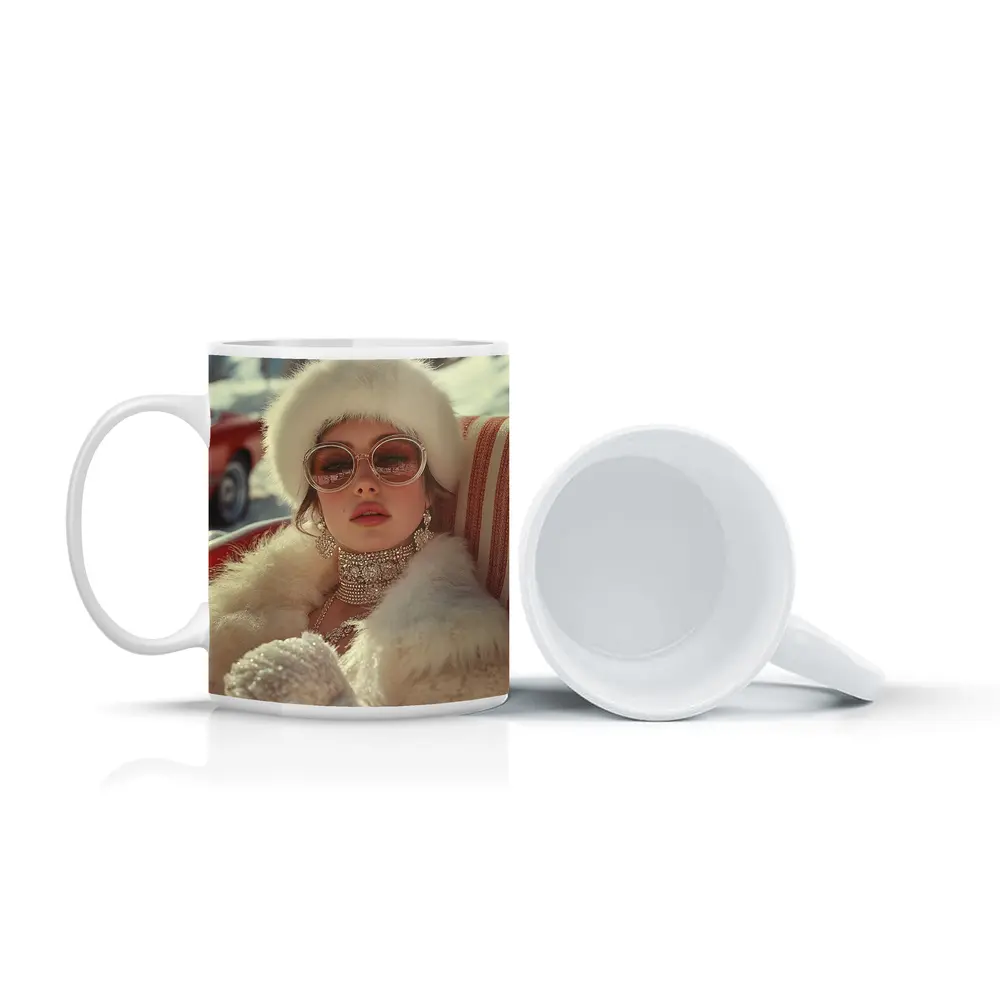Glamorous Woman Fur Coat Winter Snow Setting – Mugs