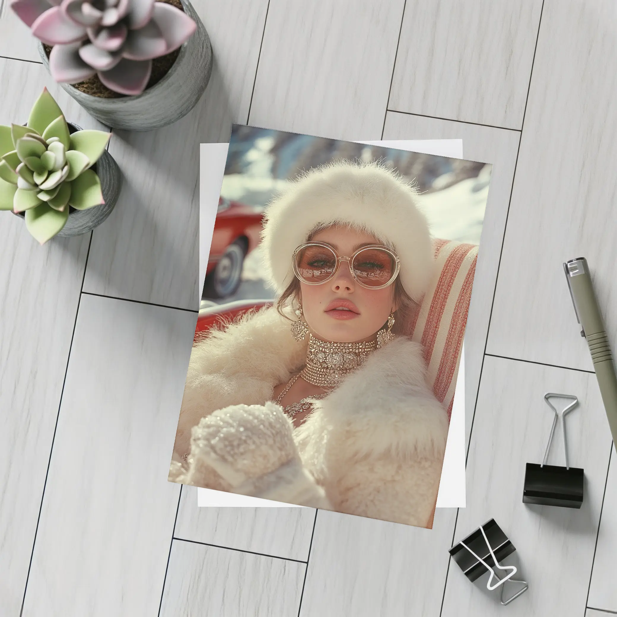 Glamorous Woman Fur Coat Winter Snow Setting – Postcards