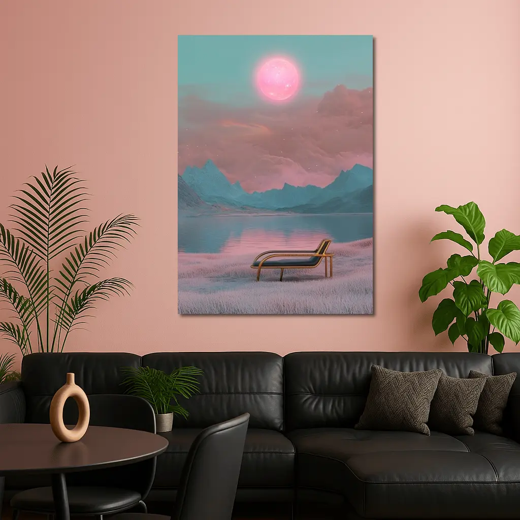 Surreal Pink Moon Mountains Lake Lounge Chair – Wall Art