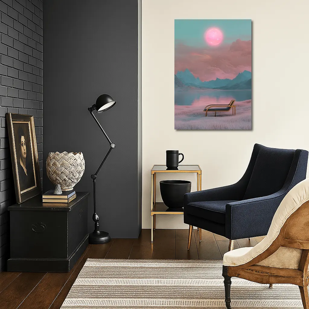 Surreal Pink Moon Mountains Lake Lounge Chair – Wall Art